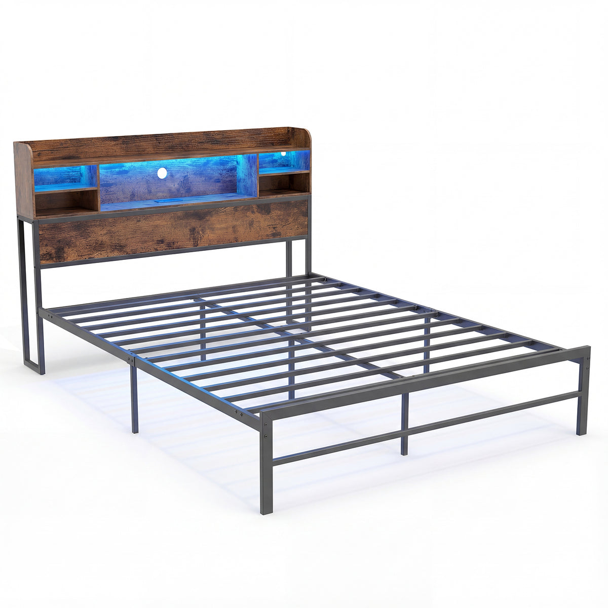 Double/Queen Size Bed Frame with LED Lights and Charging Station