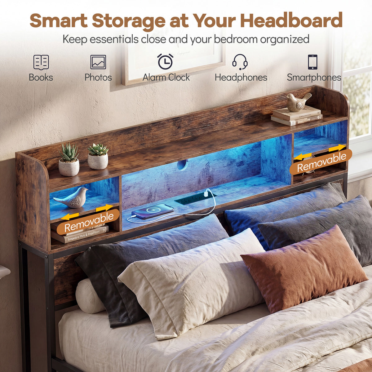 Double/Queen Size Bed Frame with LED Lights and Charging Station