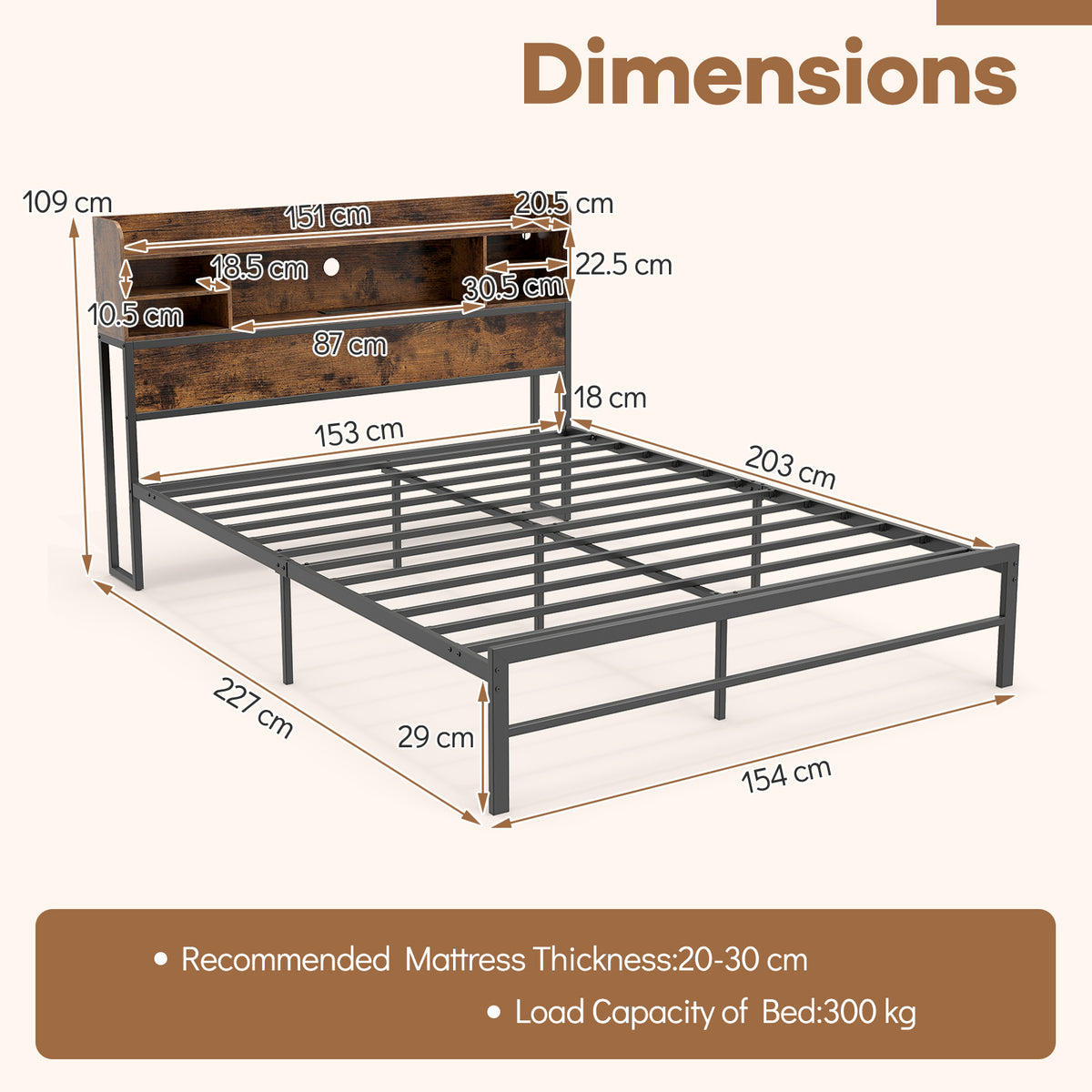Double/Queen Size Bed Frame with LED Lights and Charging Station