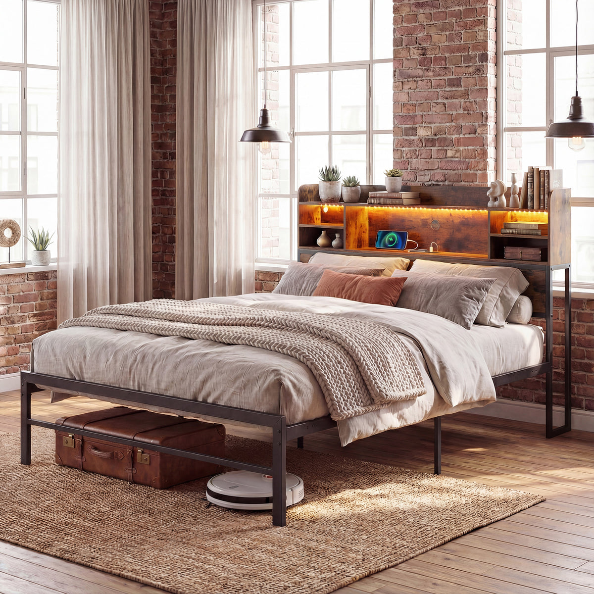 Double/Queen Size Bed Frame with LED Lights and Charging Station