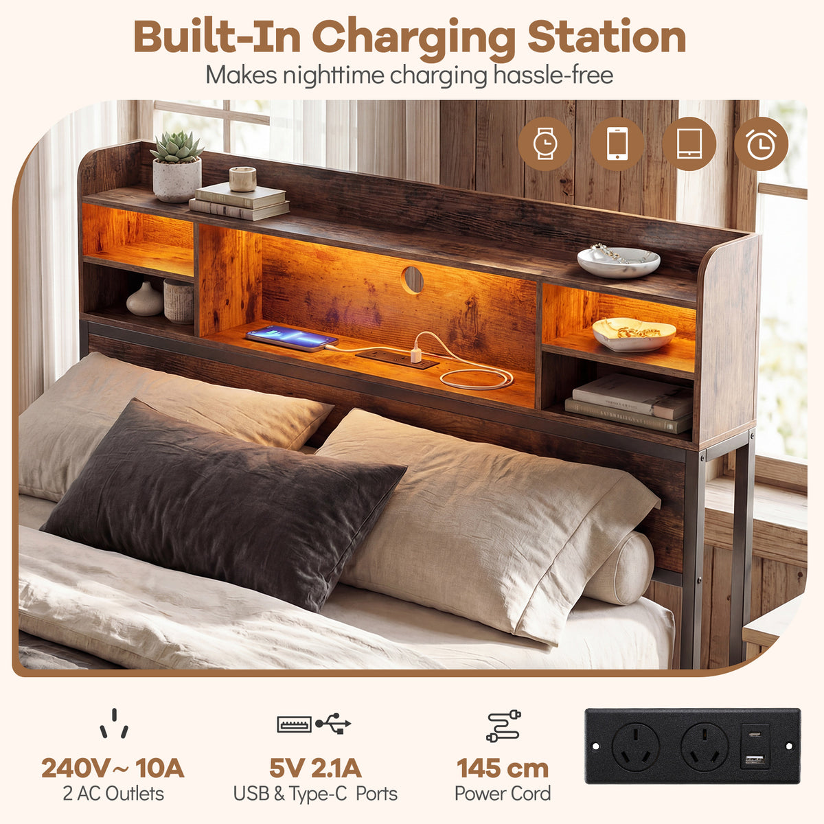 Double/Queen Size Bed Frame with LED Lights and Charging Station