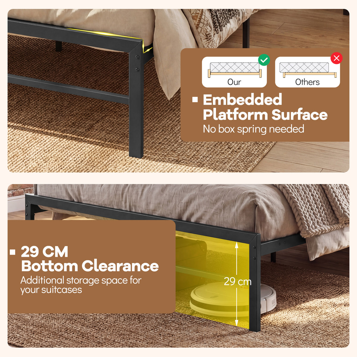 Double/Queen Size Bed Frame with LED Lights and Charging Station