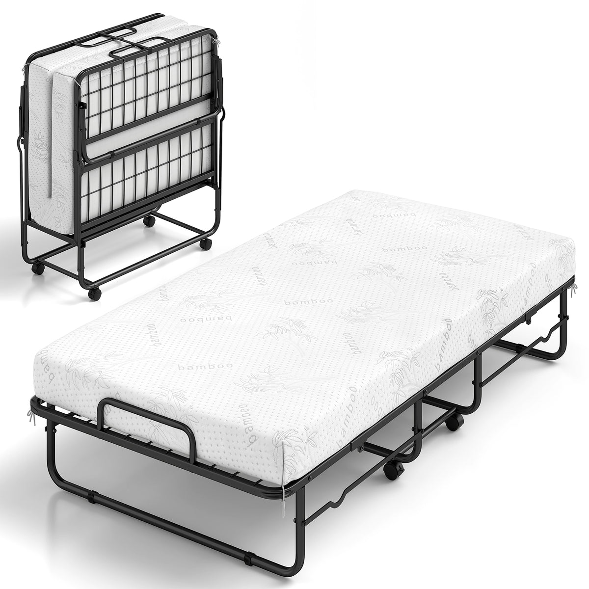 Folding Bed with Mattress, Single Size Rolling Guest Bed with Memory Foam Mattress