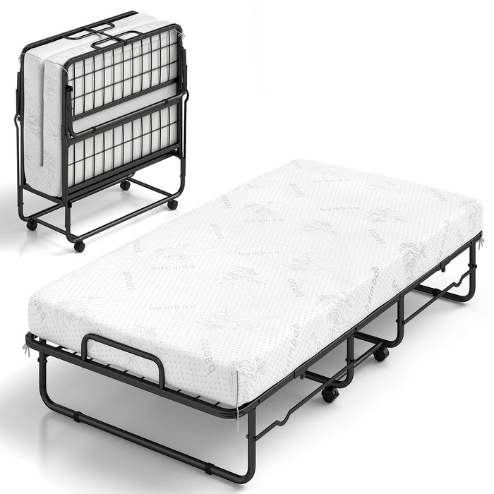 Folding Bed with Mattress, Single Size Rolling Guest Bed with Memory Foam Mattress