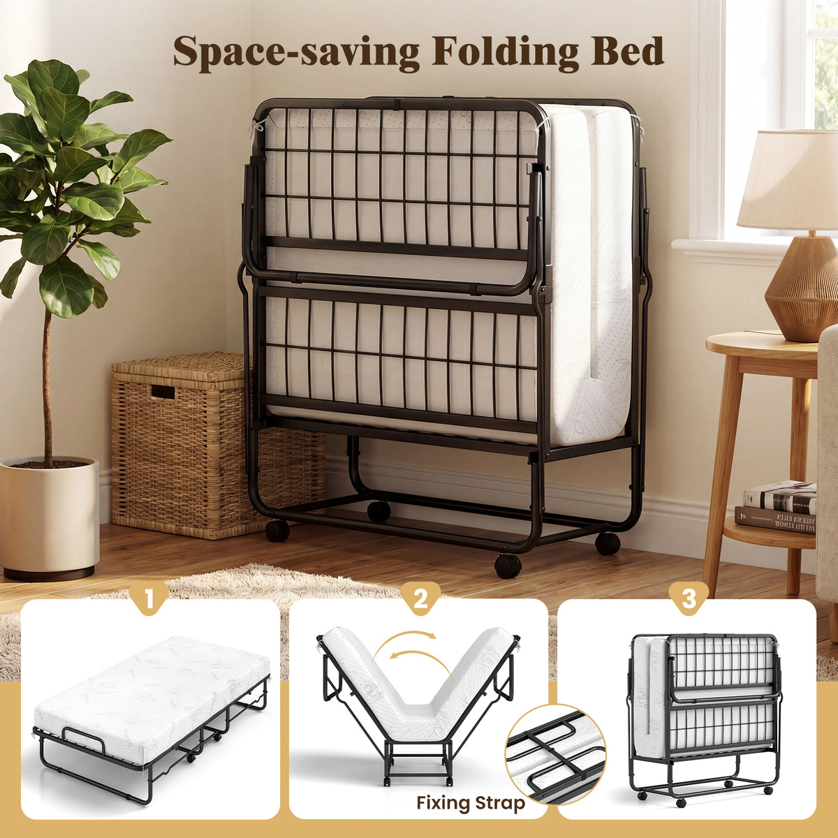 Folding Bed with Mattress, Single Size Rolling Guest Bed with Memory Foam Mattress