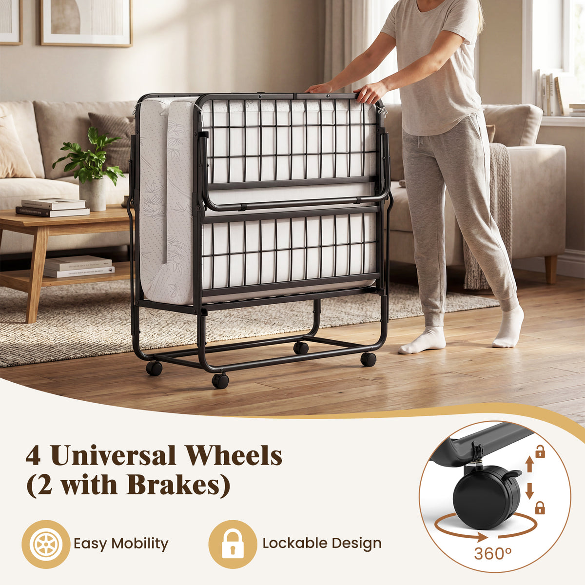Folding Bed with Mattress, Single Size Rolling Guest Bed with Memory Foam Mattress