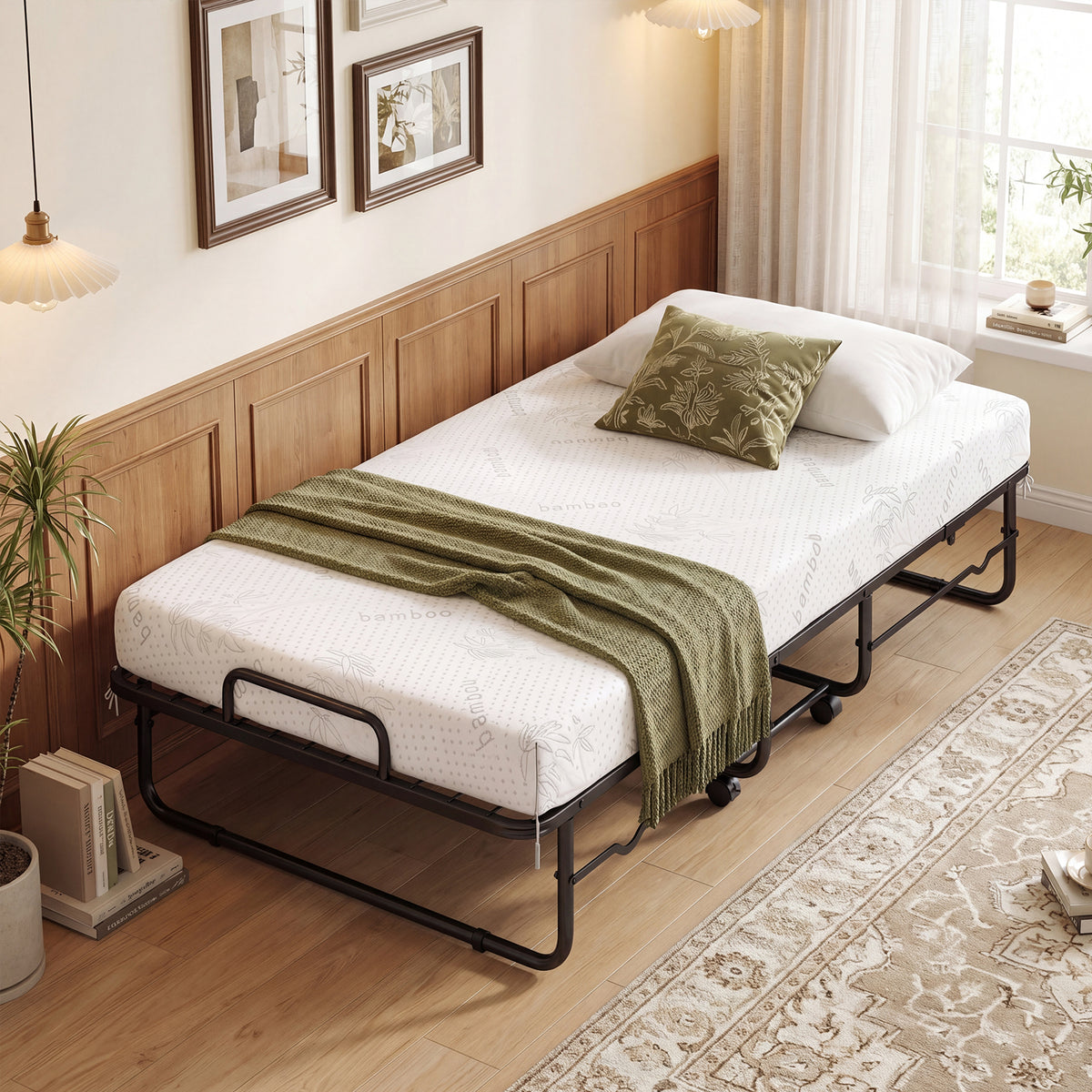 Folding Bed with Mattress, Single Size Rolling Guest Bed with Memory Foam Mattress
