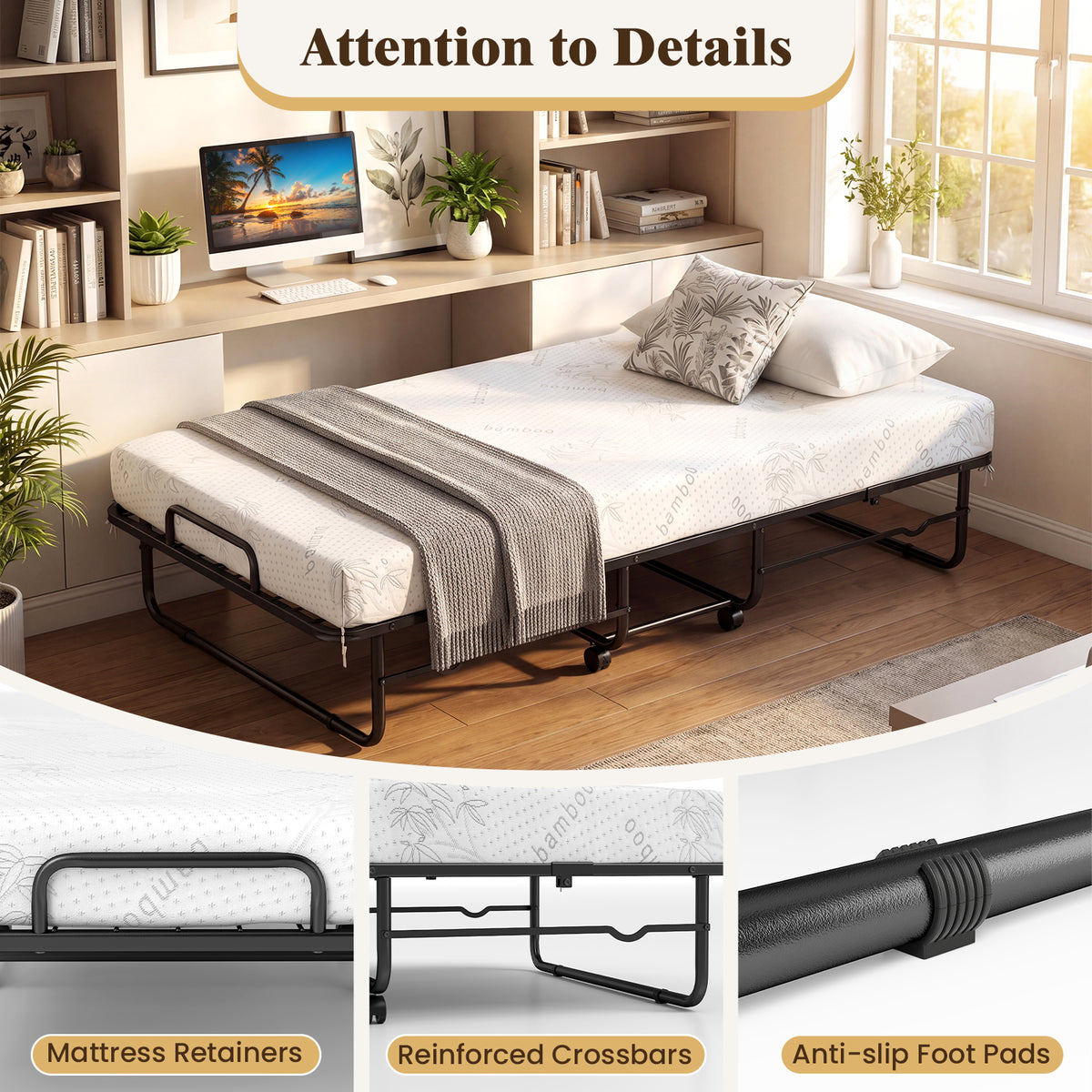 Folding Bed with Mattress, Single Size Rolling Guest Bed with Memory Foam Mattress