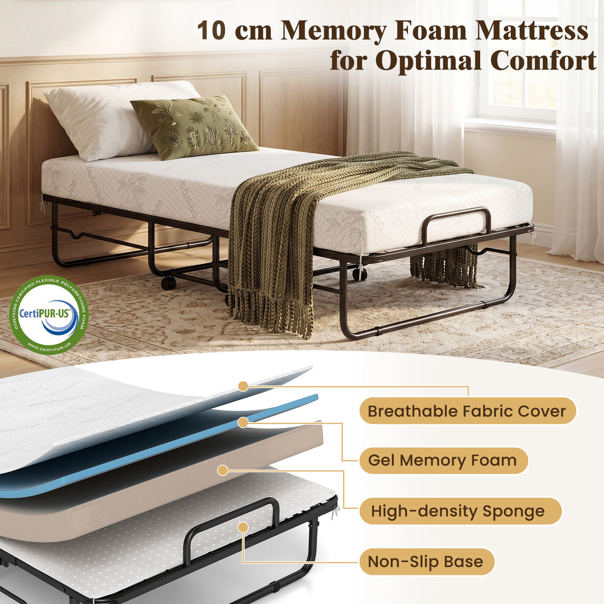 Folding Bed with Mattress, Single Size Rolling Guest Bed with Memory Foam Mattress