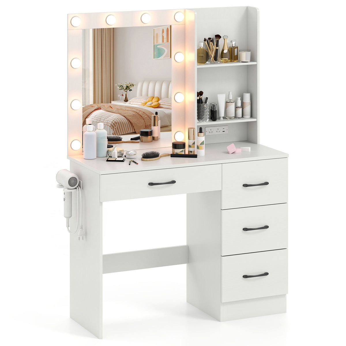 Makeup Vanity Desk with Mirror and 3-Color LED Lights Charging Station
