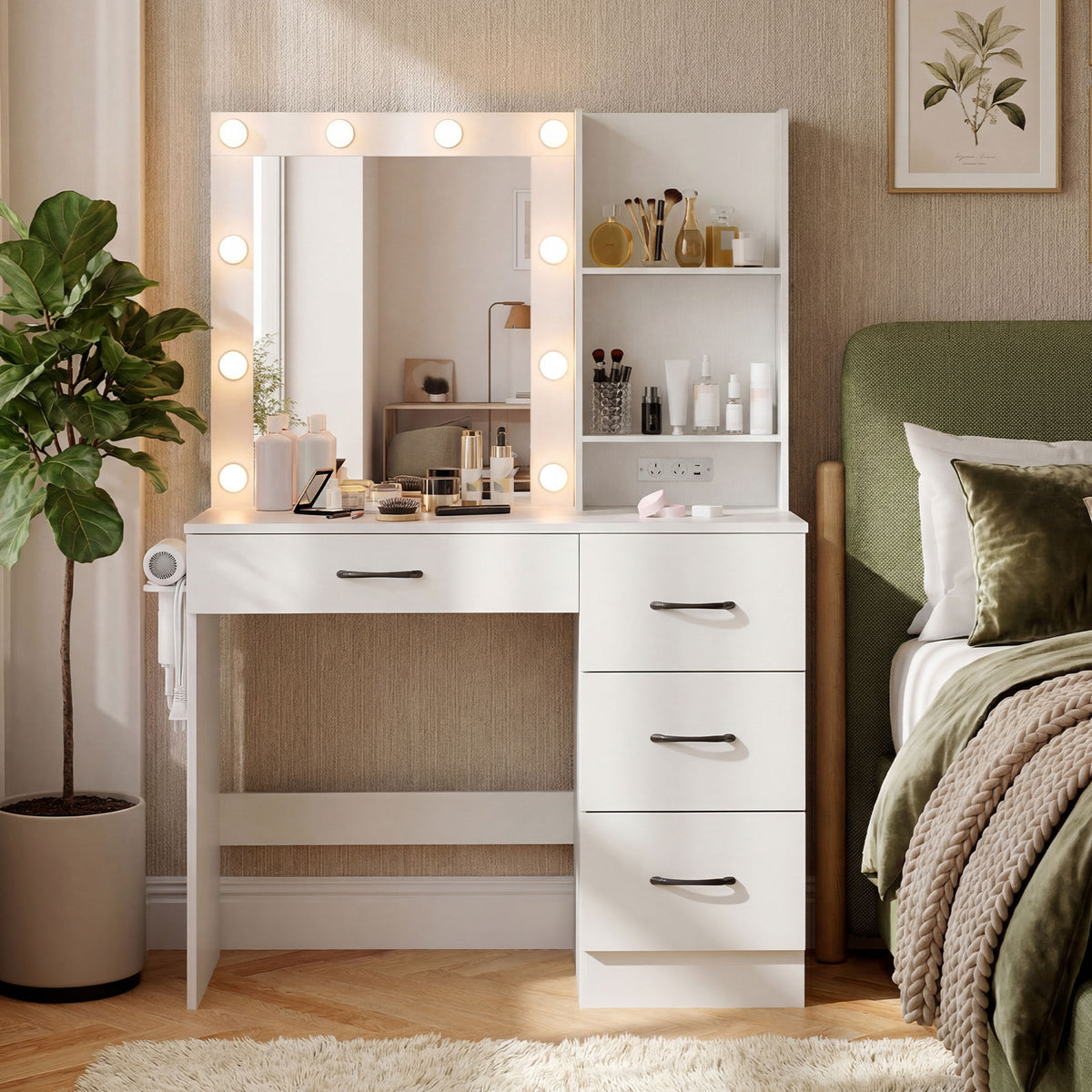 Makeup Vanity Desk with Mirror and 3-Color LED Lights Charging Station