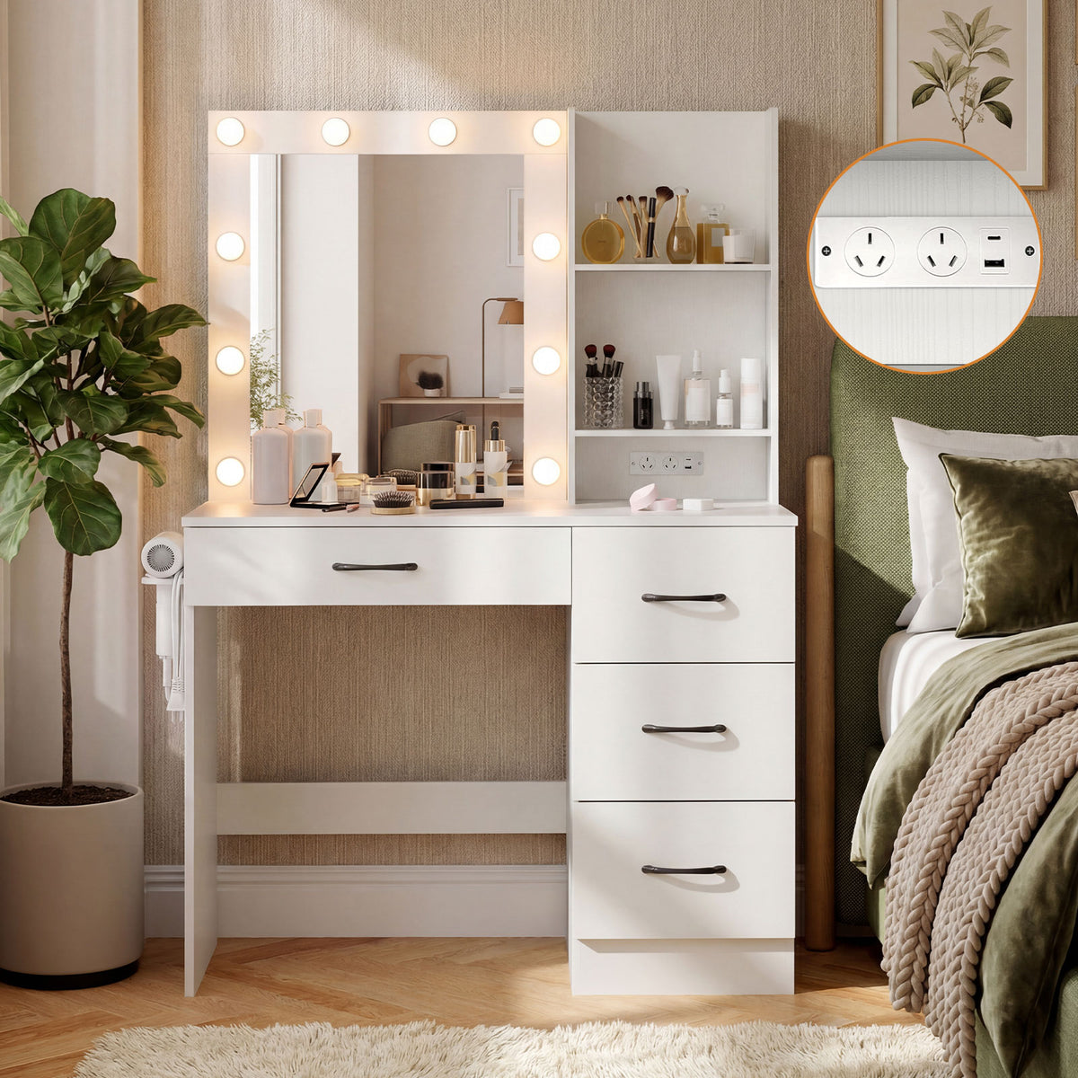 Makeup Vanity Desk with Mirror and 3-Color LED Lights Charging Station