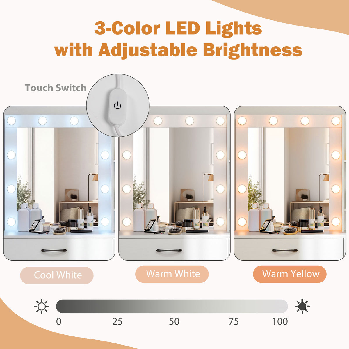 Makeup Vanity Desk with Mirror and 3-Color LED Lights Charging Station
