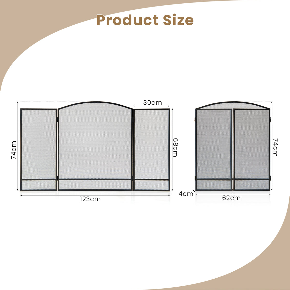 3 Panel Folding Fireplace Screen, 48.5 x 29 Inch Wrought Iron Furnace Fireguards