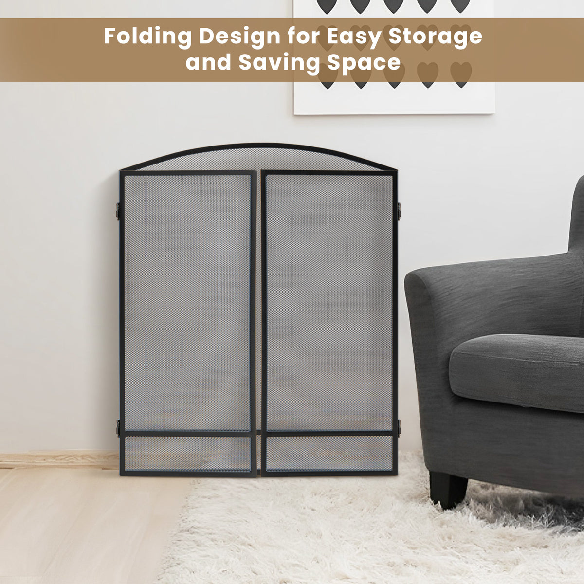 3 Panel Folding Fireplace Screen, 48.5 x 29 Inch Wrought Iron Furnace Fireguards
