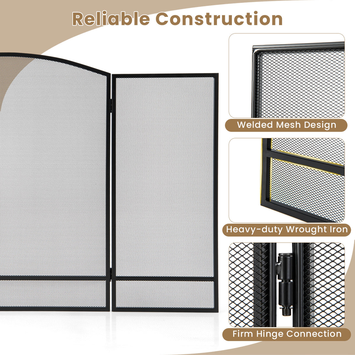 3 Panel Folding Fireplace Screen, 48.5 x 29 Inch Wrought Iron Furnace Fireguards