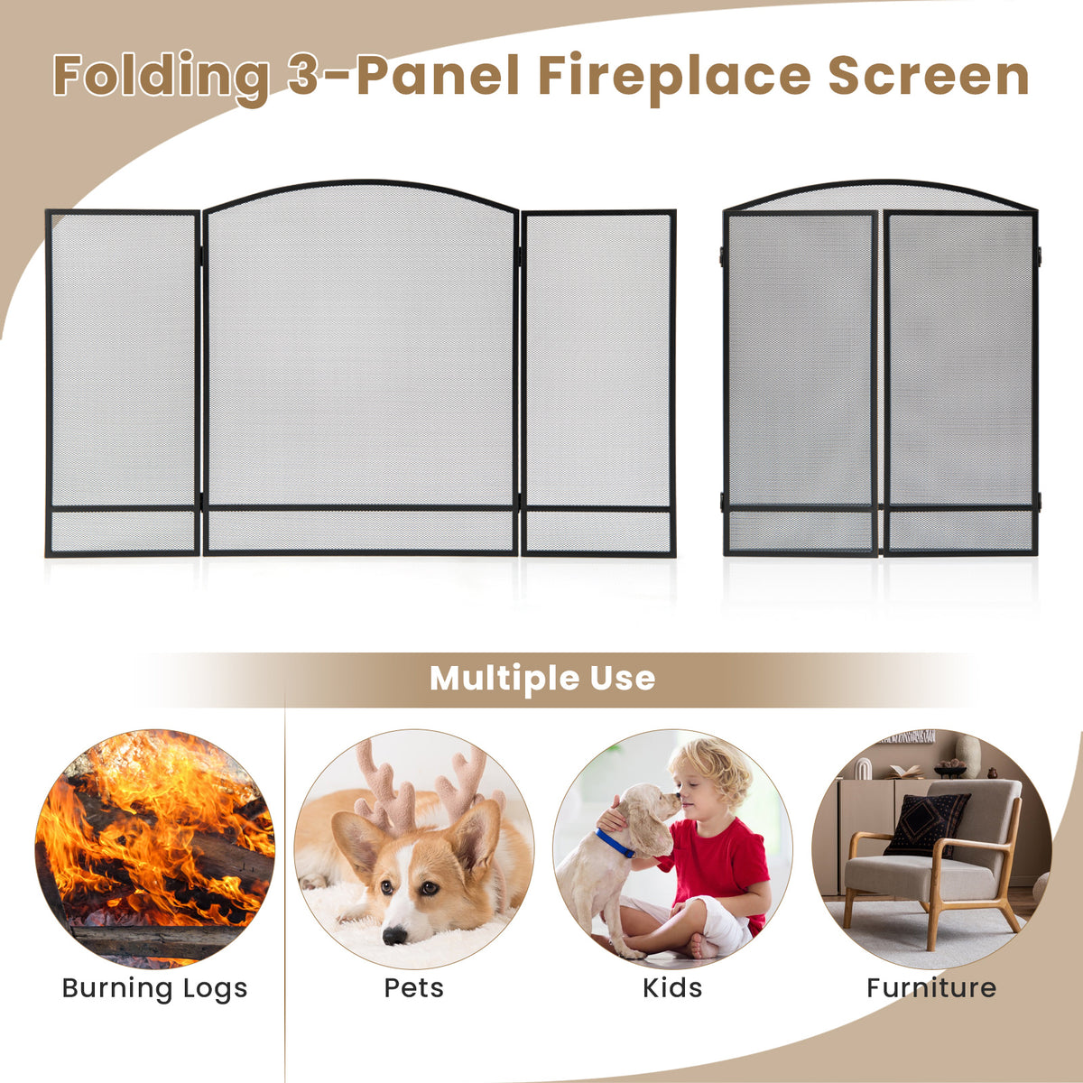 3 Panel Folding Fireplace Screen, 48.5 x 29 Inch Wrought Iron Furnace Fireguards