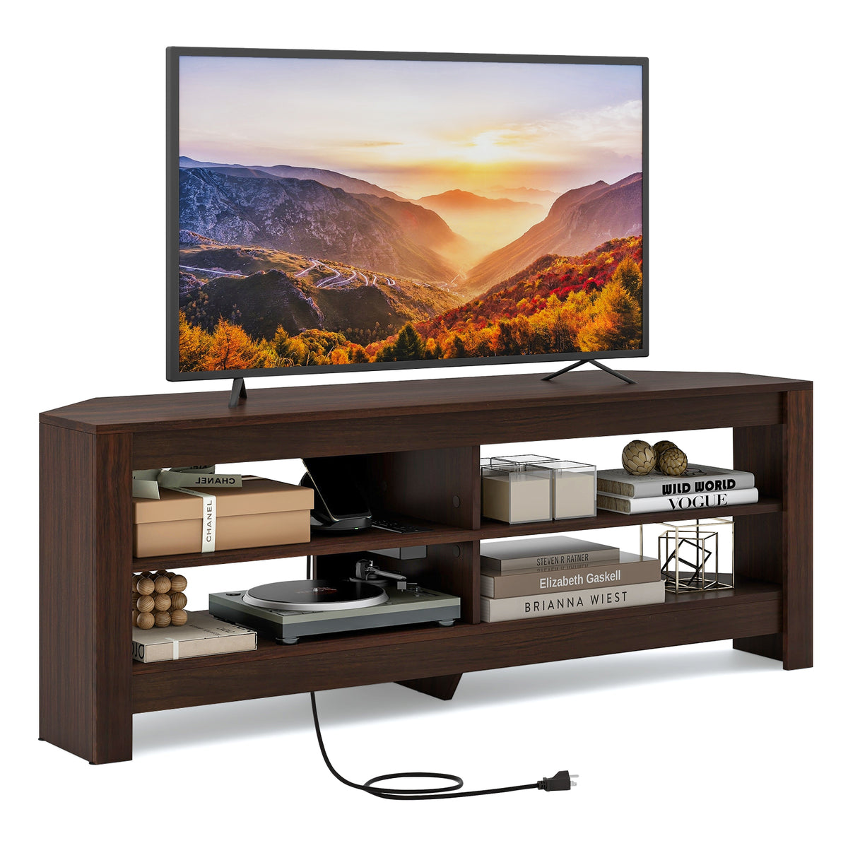 Corner TV Stand with Power Outlet for Living Room and Bedroom