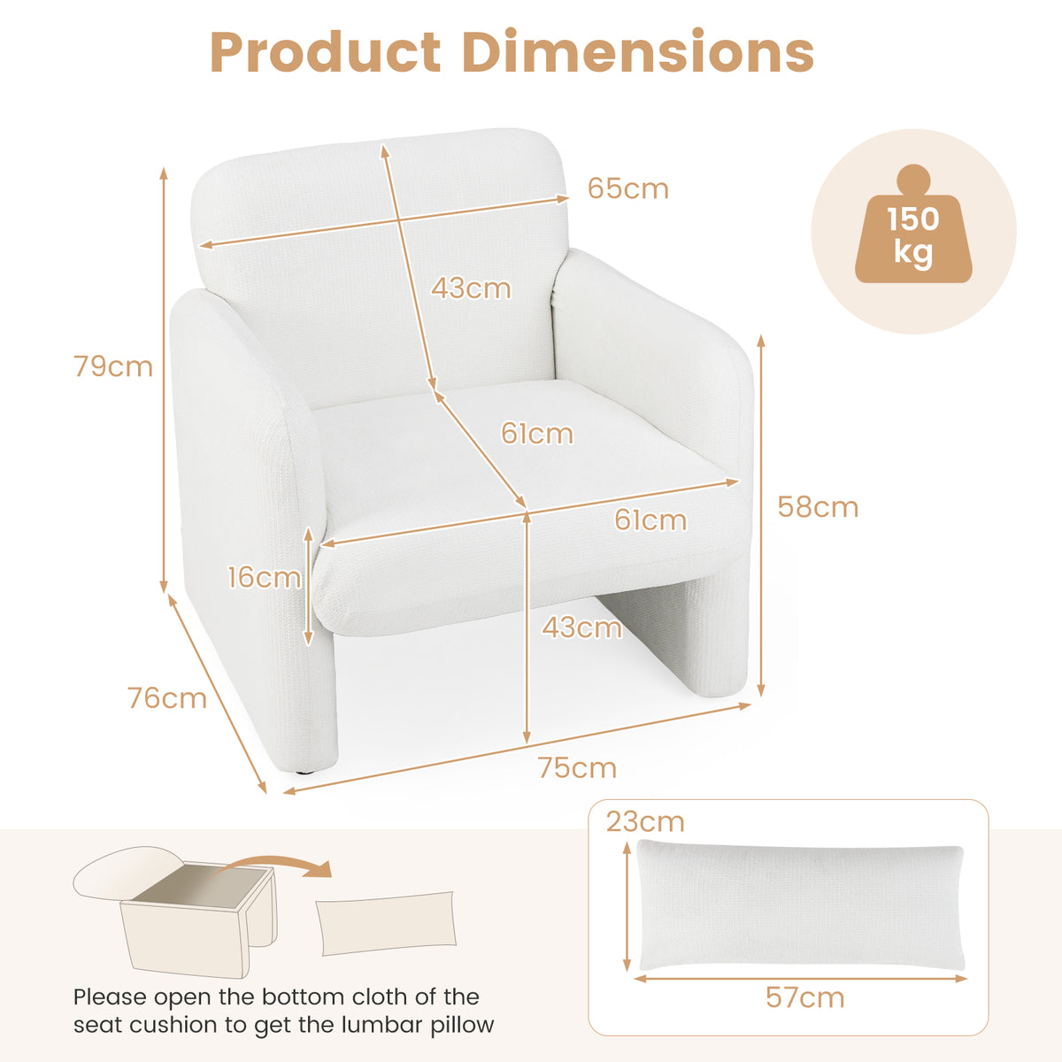 Chenille Accent Chair, Modern Upholstered Armchair w/ Removable Lumbar Pillow, Widened Backrest & Thick Seat Cushion