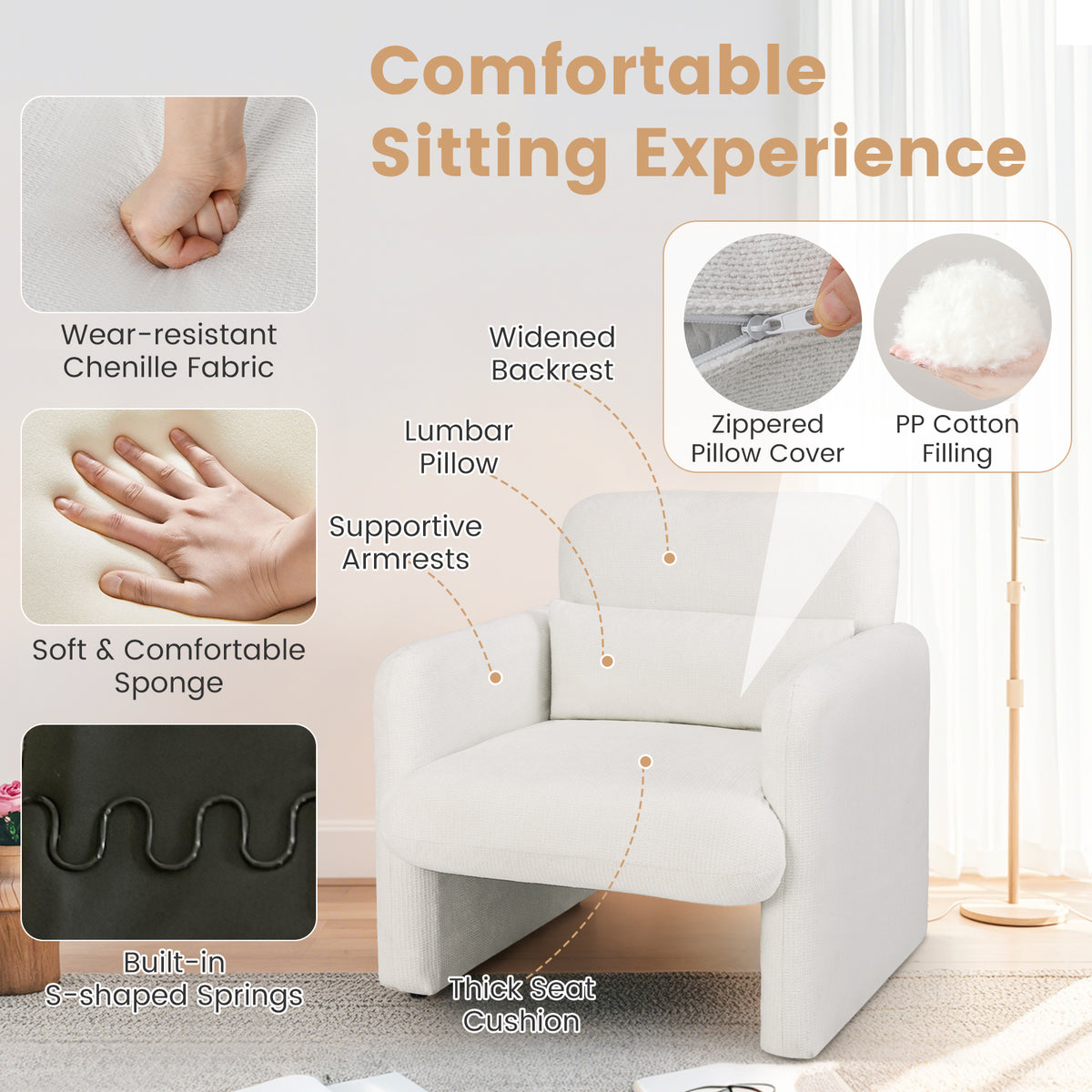 Chenille Accent Chair, Modern Upholstered Armchair w/ Removable Lumbar Pillow, Widened Backrest & Thick Seat Cushion