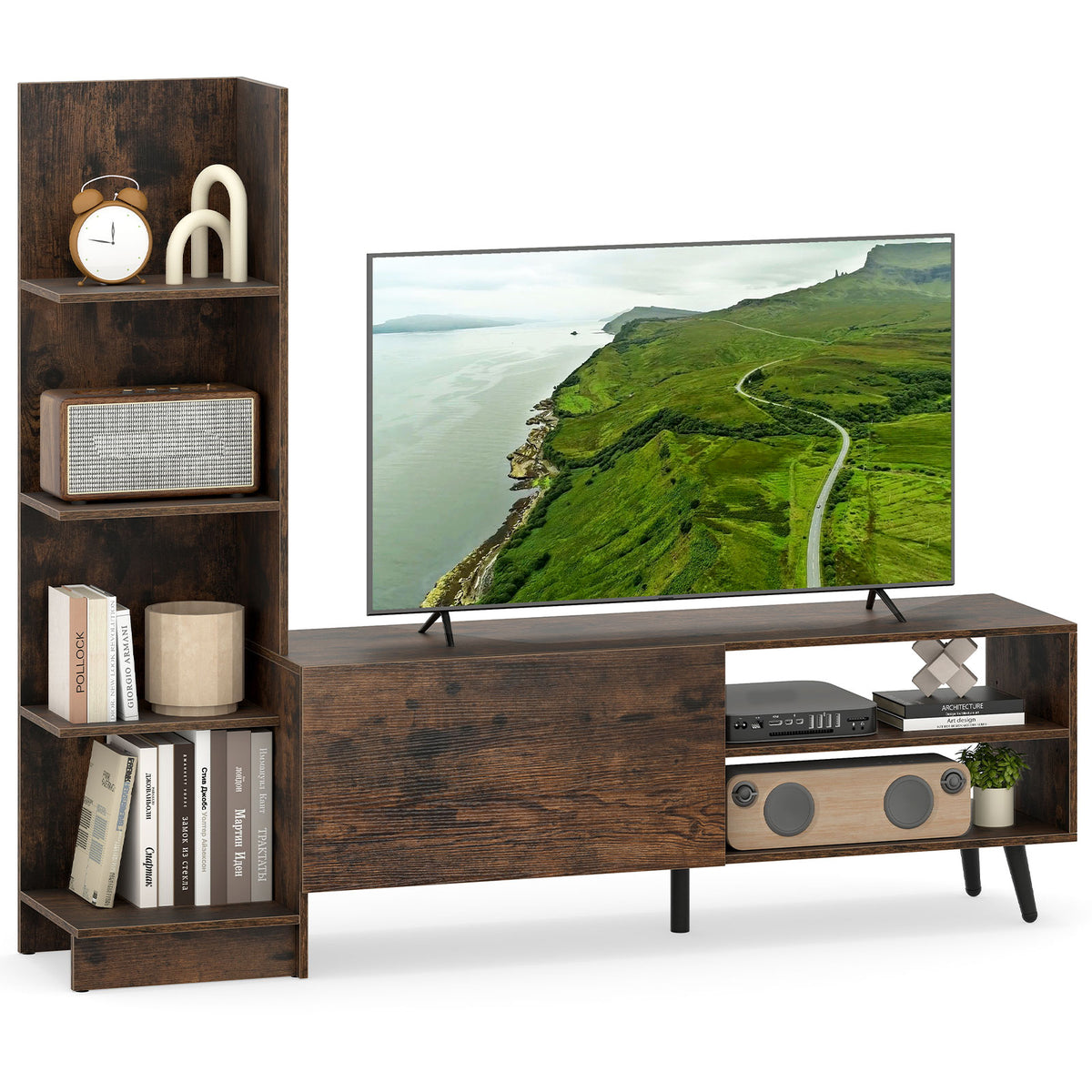 TV Stand for TVs up to 50 Inches, Entertainment Center with Bookshelf & Adjustable Shelf