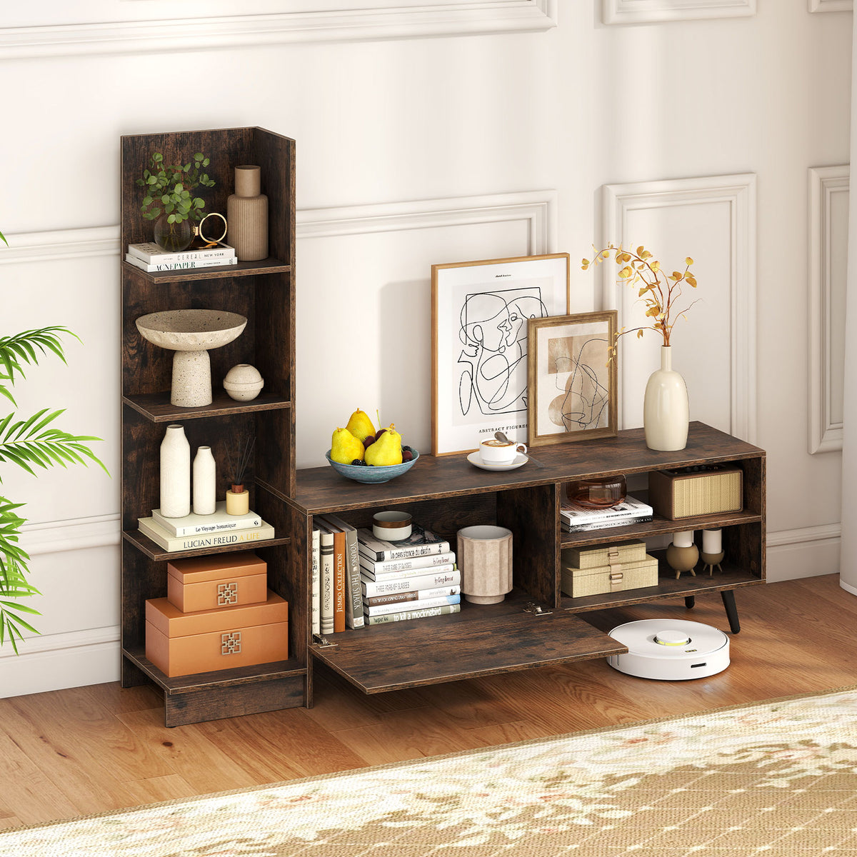 TV Stand for TVs up to 50 Inches, Entertainment Center with Bookshelf & Adjustable Shelf
