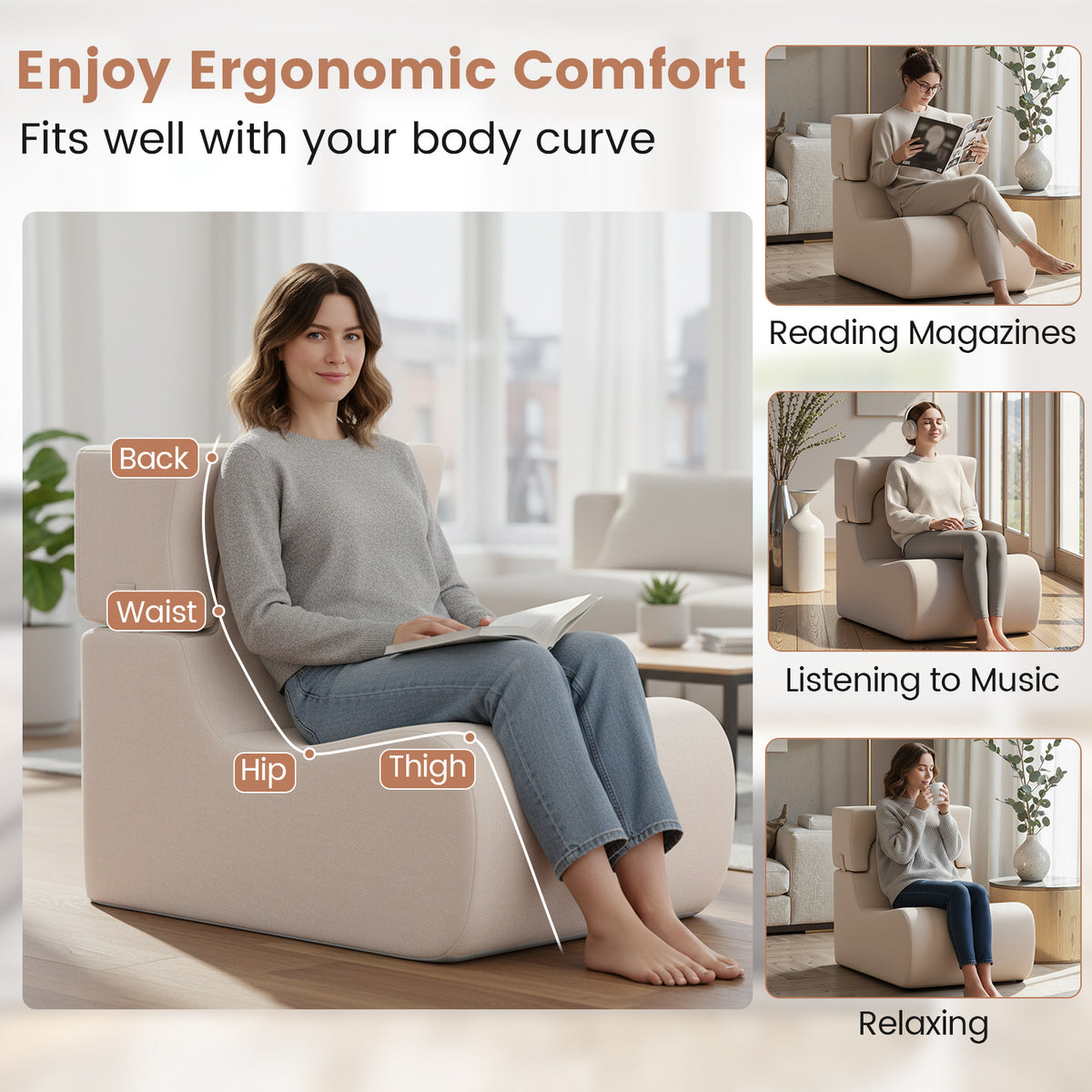 Floor Chair for Adults, Lazy Sofa with Detachable Headrest, Washable Ice Velvet Cover & Elastic Sponge Filling