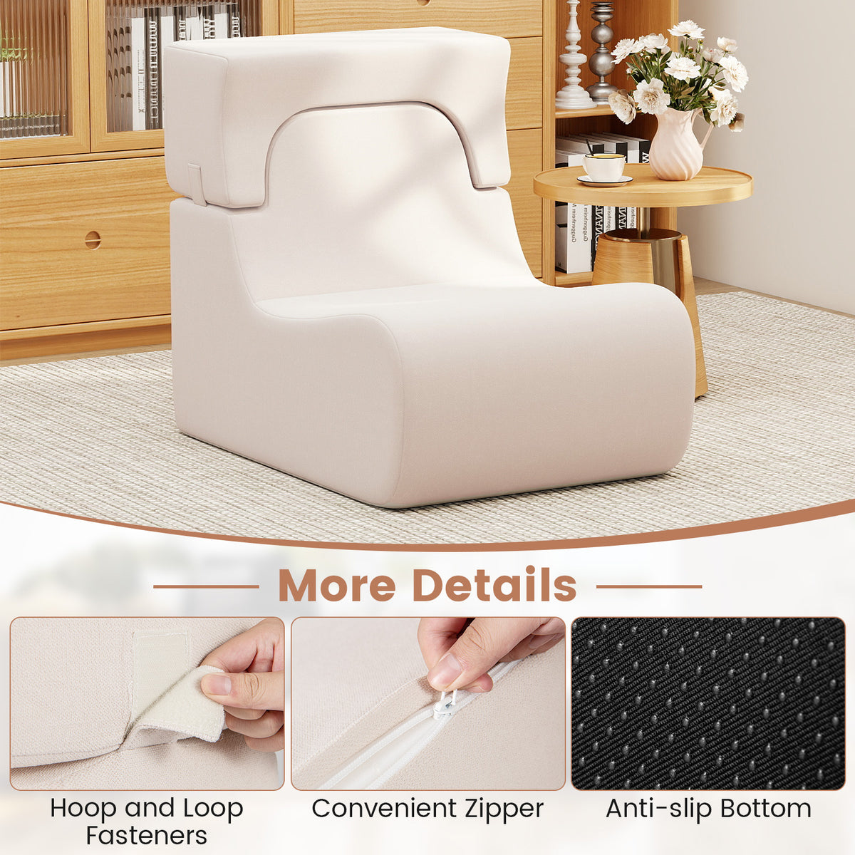 Floor Chair for Adults, Lazy Sofa with Detachable Headrest, Washable Ice Velvet Cover & Elastic Sponge Filling