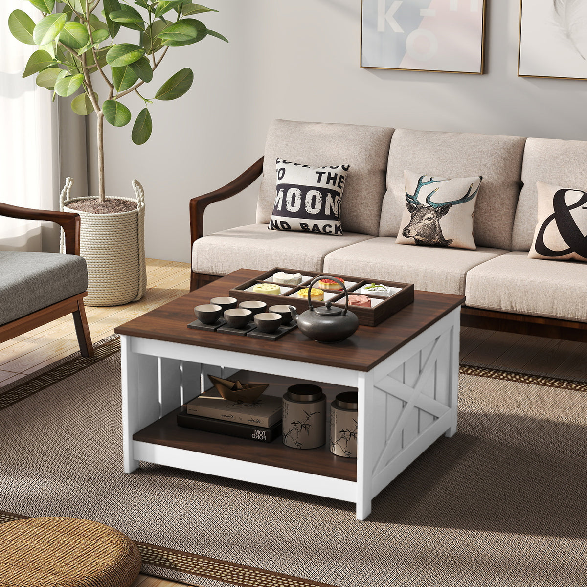 Farmhouse Coffee Table,78cm Square Coffee Table with Storage Shelf