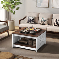Farmhouse Coffee Table,78cm Square Coffee Table with Storage Shelf