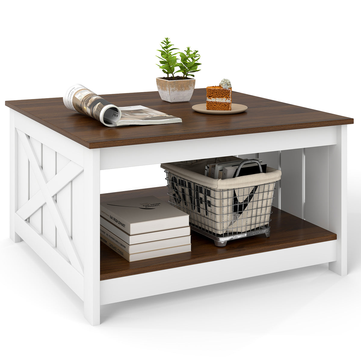 Farmhouse Coffee Table,78cm Square Coffee Table with Storage Shelf