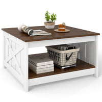 Farmhouse Coffee Table,78cm Square Coffee Table with Storage Shelf