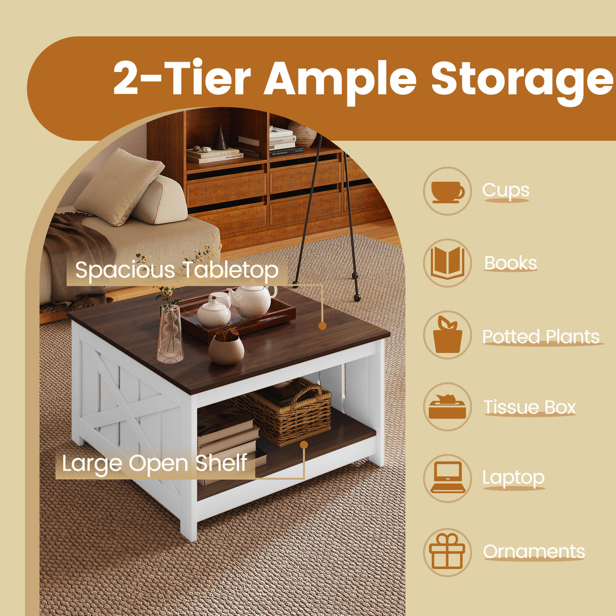 Farmhouse Coffee Table,78cm Square Coffee Table with Storage Shelf