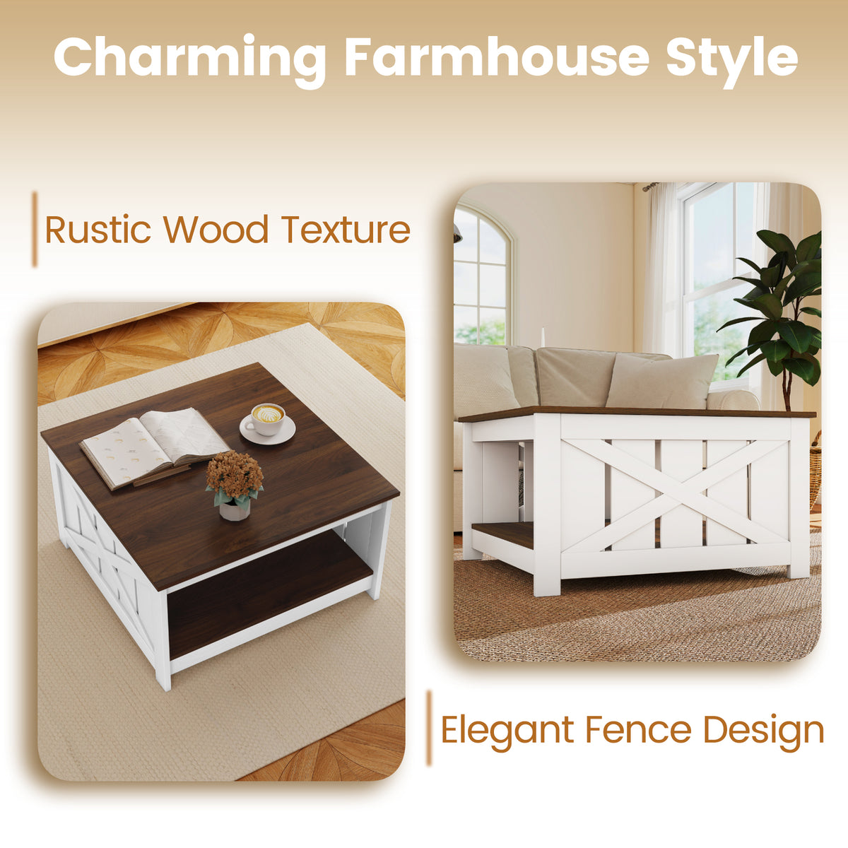 Farmhouse Coffee Table,78cm Square Coffee Table with Storage Shelf