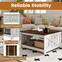 Farmhouse Coffee Table,78cm Square Coffee Table with Storage Shelf
