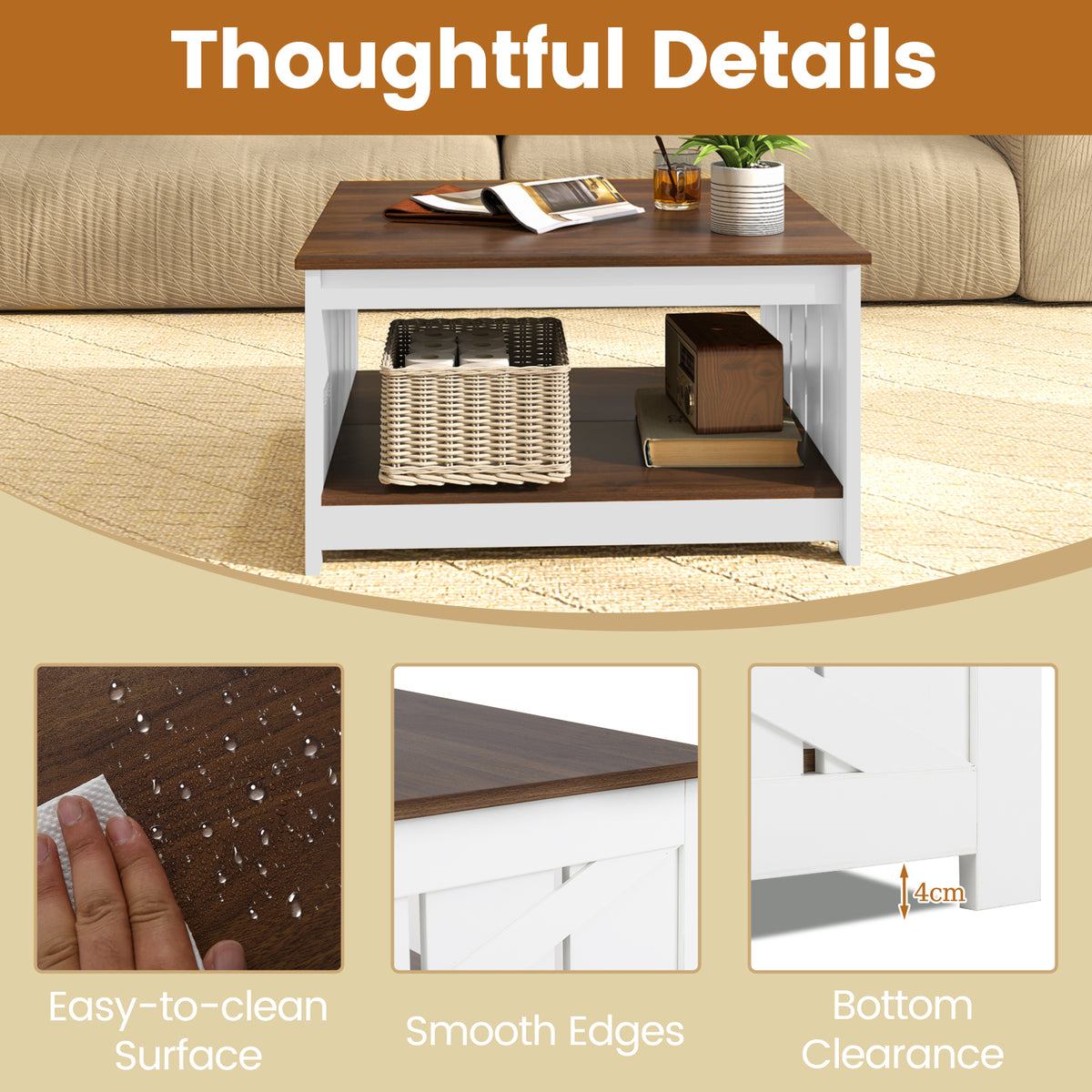 Farmhouse Coffee Table,78cm Square Coffee Table with Storage Shelf