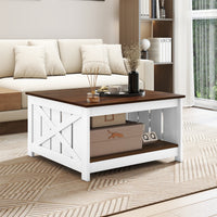 Farmhouse Coffee Table,78cm Square Coffee Table with Storage Shelf