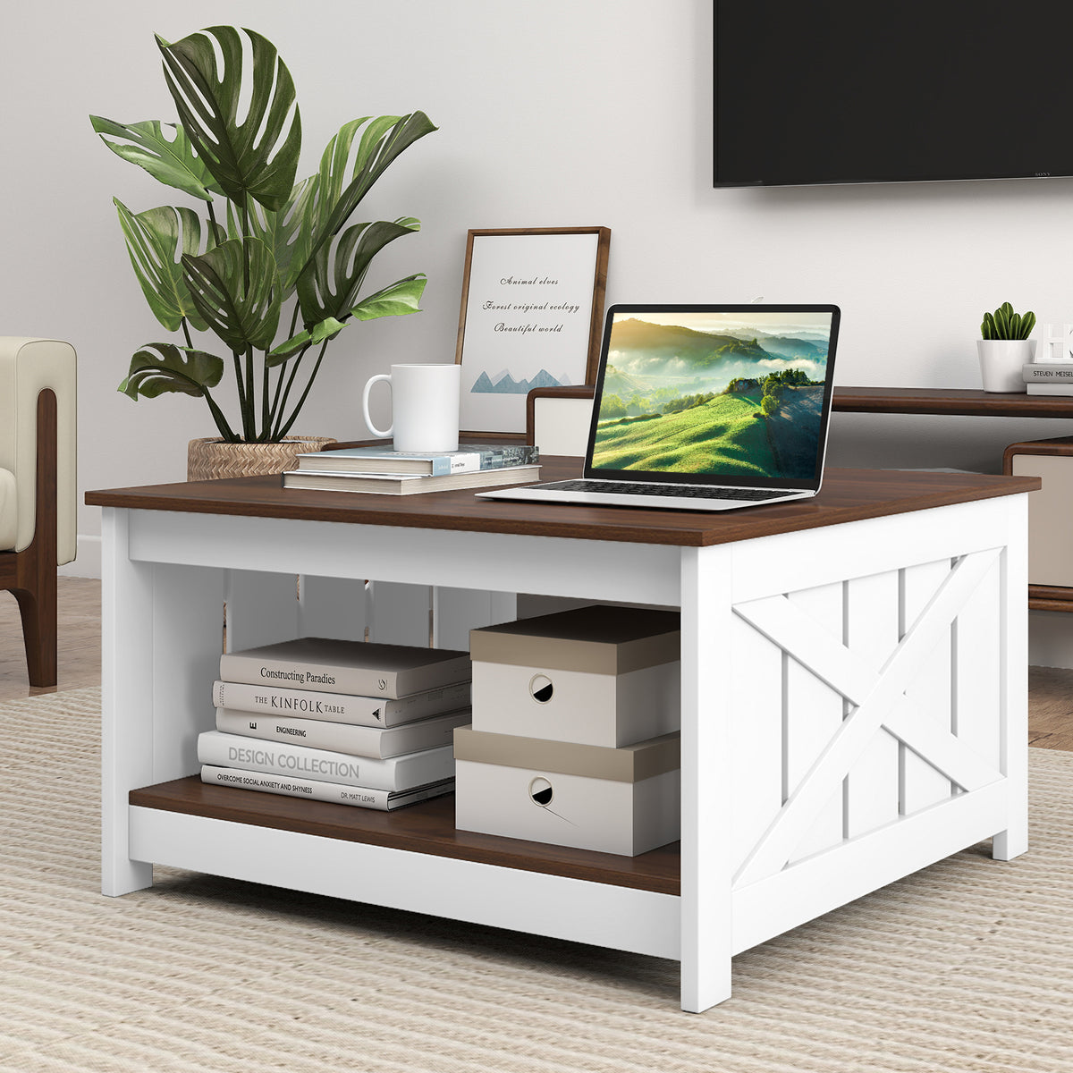 Farmhouse Coffee Table,78cm Square Coffee Table with Storage Shelf