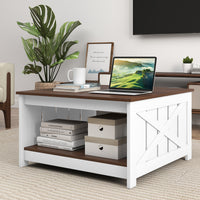 Farmhouse Coffee Table,78cm Square Coffee Table with Storage Shelf