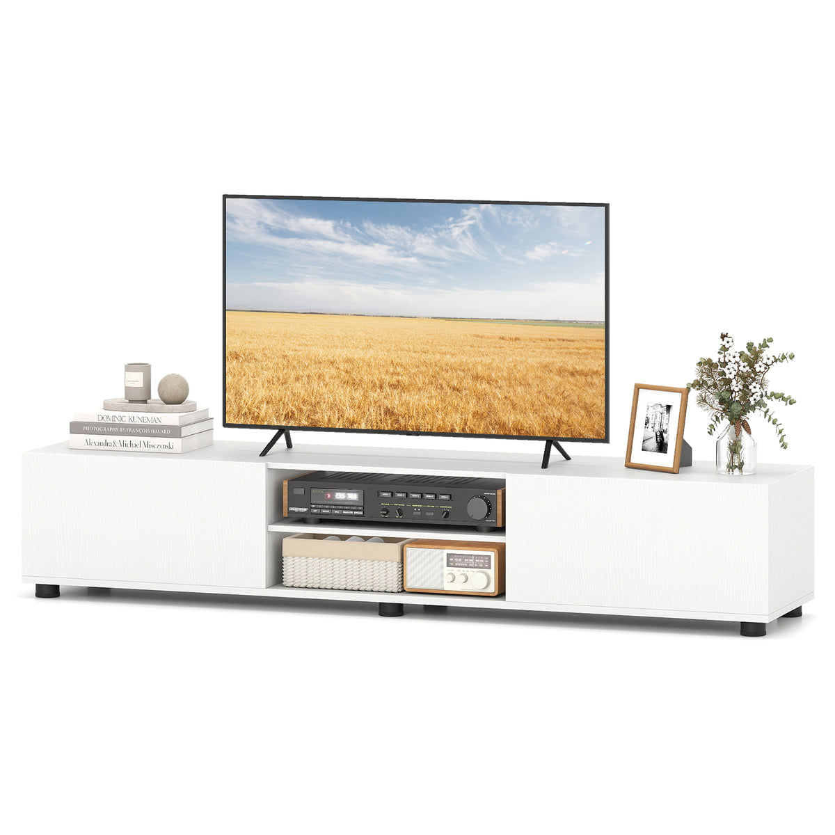 Modern TV Stand for up to 70" TVs with 2 Doors and Open Shelves for Living Room