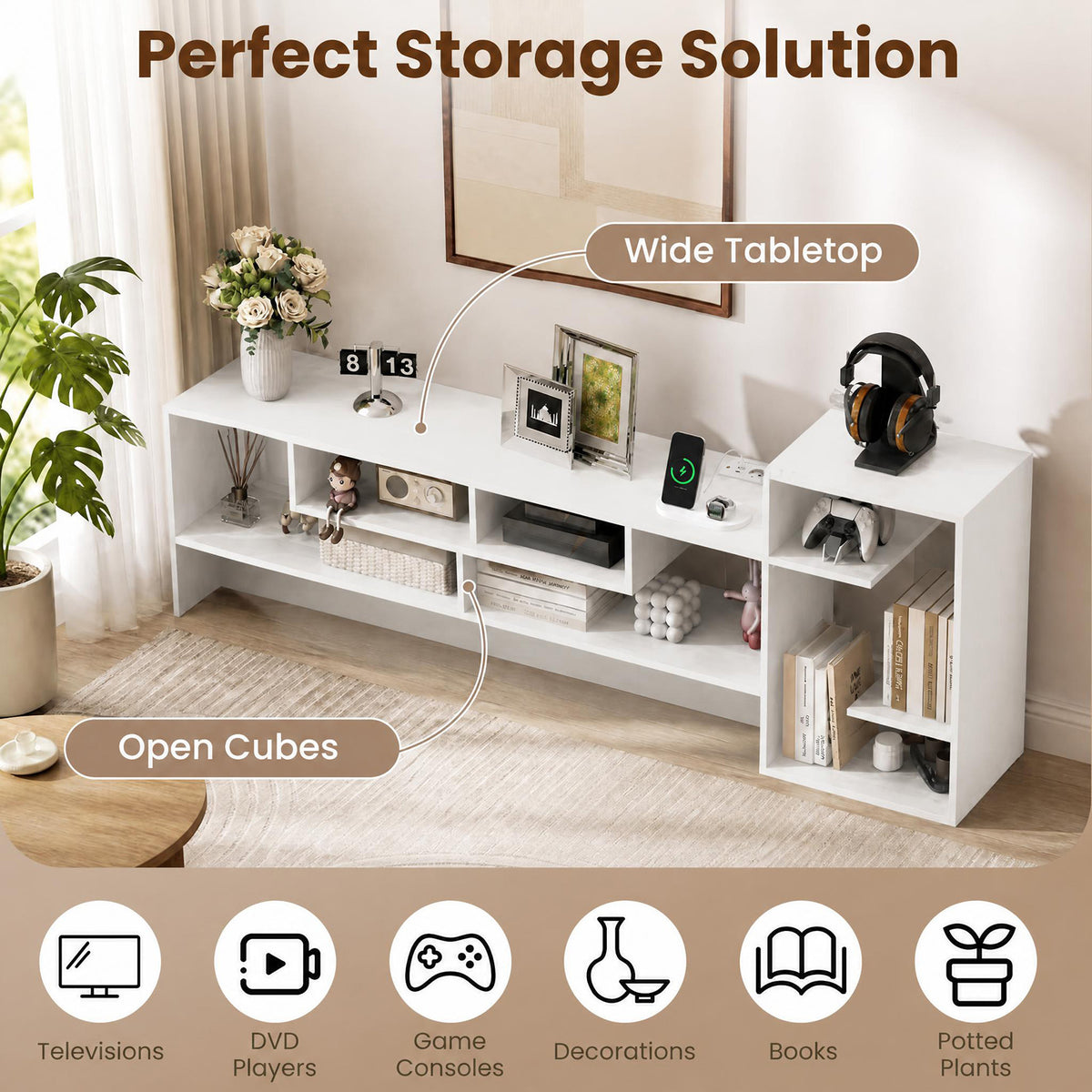 Giantex Cube TV Stand for 55 Inch TV with Power Outlets, White