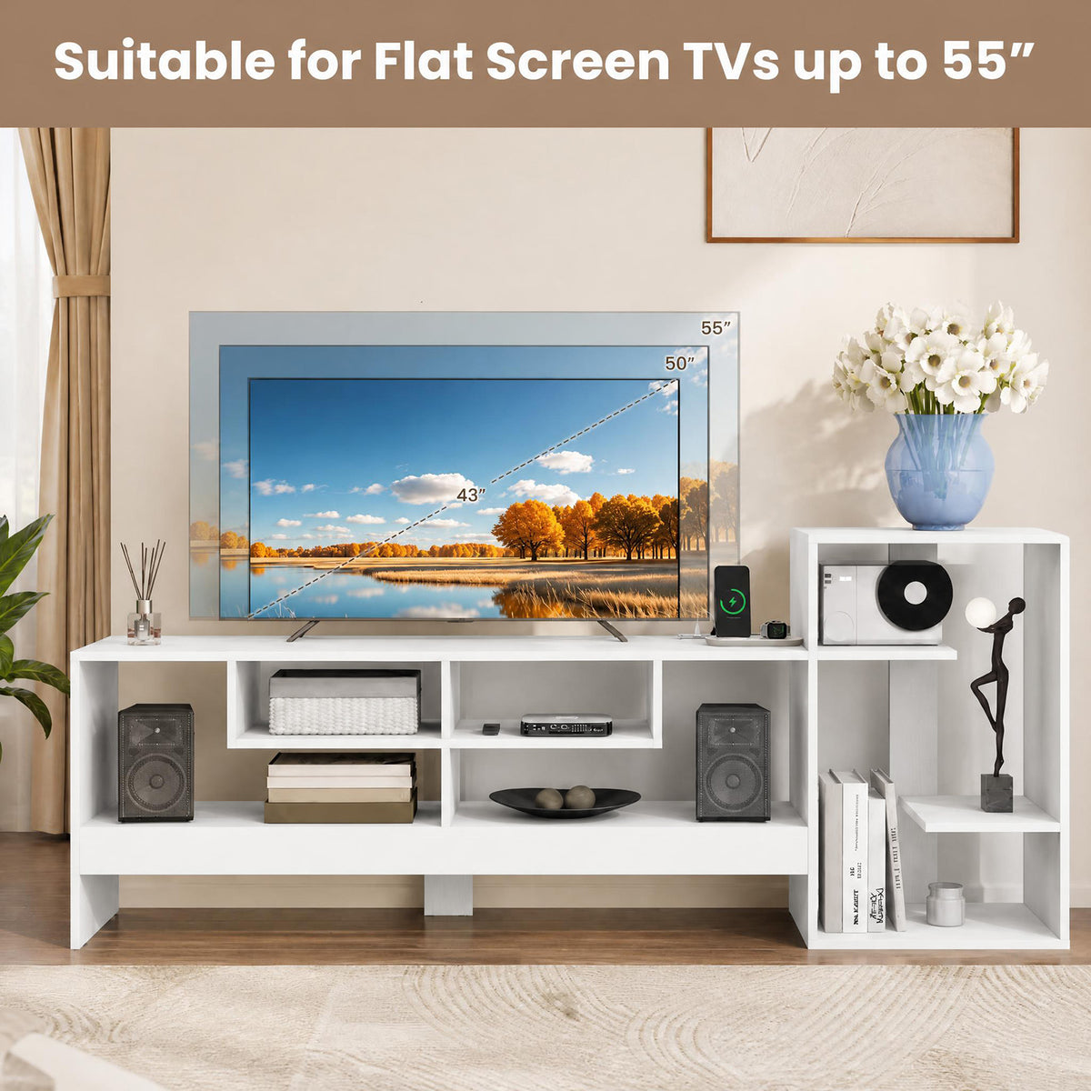 Giantex Cube TV Stand for 55 Inch TV with Power Outlets, White