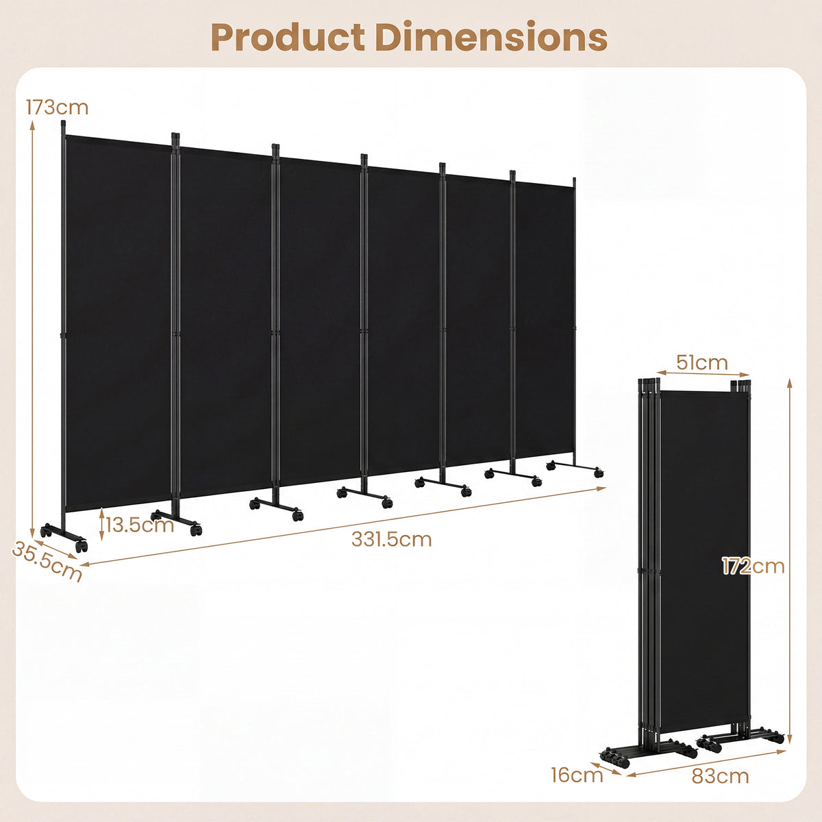 Giantex 6-Panel Folding Room Divider, 1.72m Rolling Privacy Screen with Lockable Wheels
