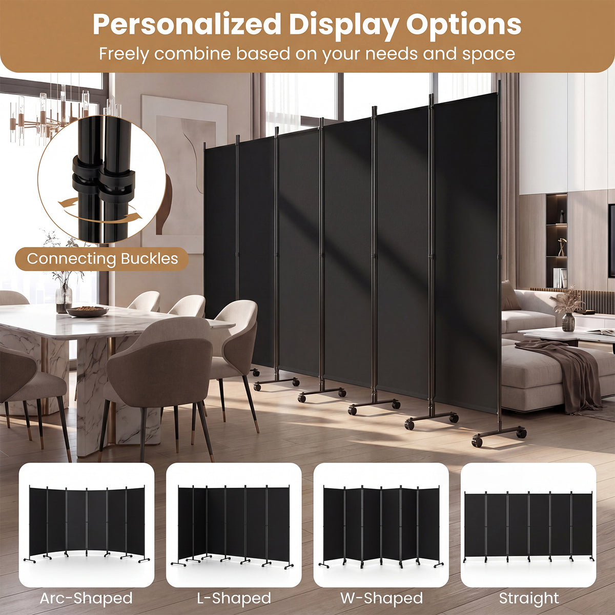 Giantex 6-Panel Folding Room Divider, 1.72m Rolling Privacy Screen with Lockable Wheels
