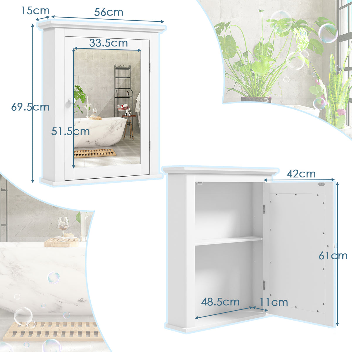 Bathroom Cabinet W/Mirror, Mirror Cabinet W/5-level Height-Adjustable Shelf, Wood Wall Cabinet