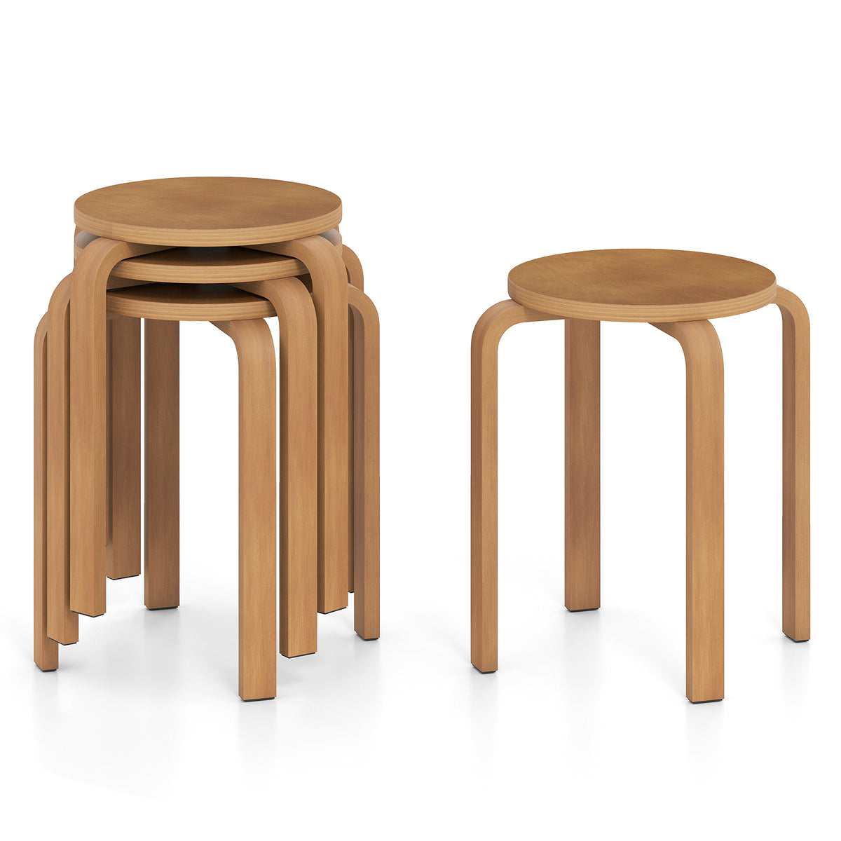 Set of 4 Round Stacking Stools, Solid Wood Dining Room Stool