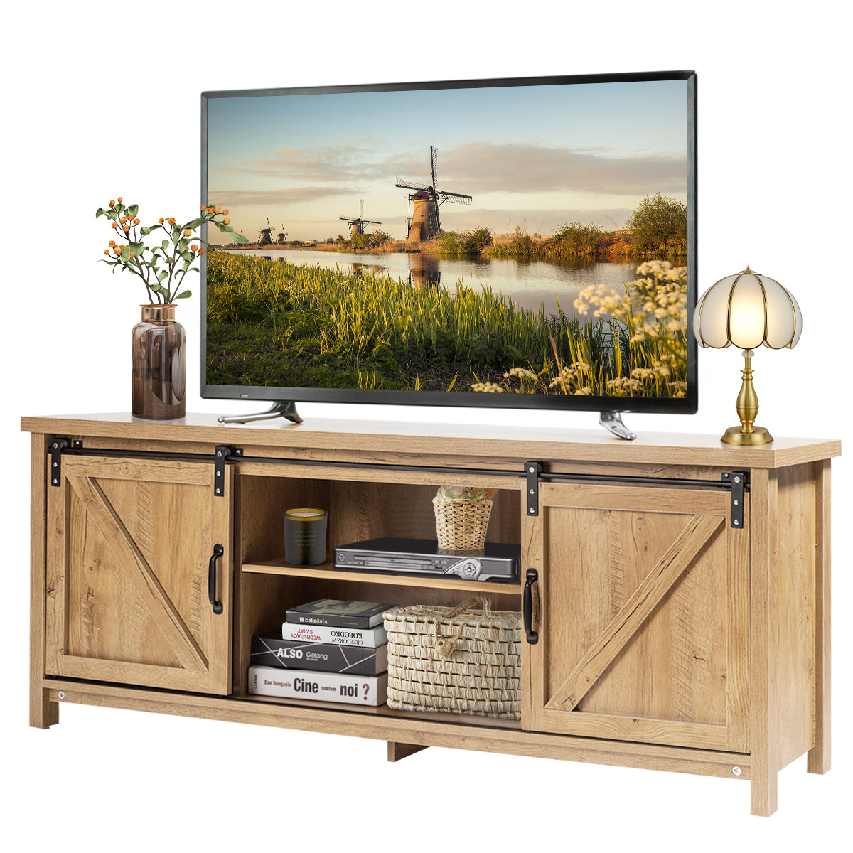 Giantex TV Stand for 65” Television, 2 Center Compartments & 2 Cabinets, Wooden TV Cabinet