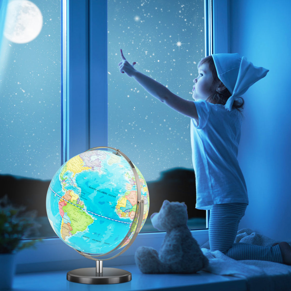 Illuminated World Globe w/ Stand, 33cm/13” Desktop Globe w/ LED Light & Clear Map