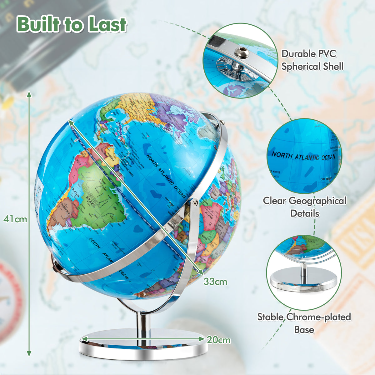 Illuminated World Globe w/ Stand, 33cm/13” Desktop Globe w/ LED Light & Clear Map
