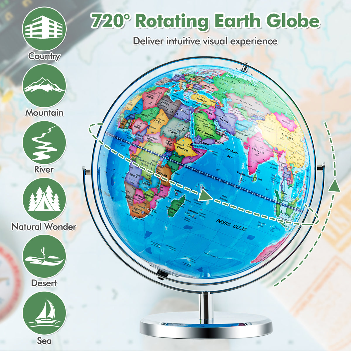 Illuminated World Globe w/ Stand, 33cm/13” Desktop Globe w/ LED Light & Clear Map